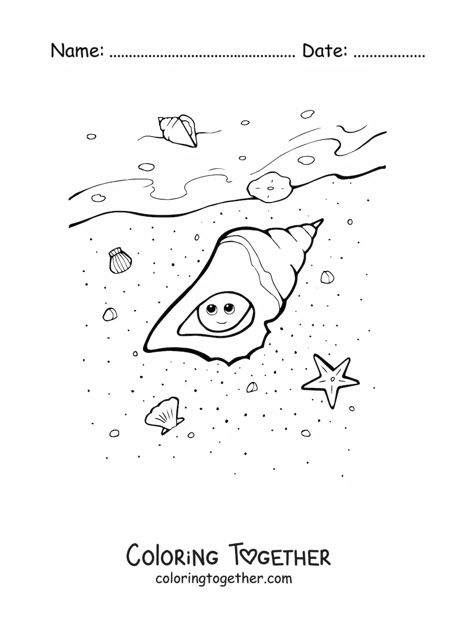 Coloring page of a kawaii conch shell on the beach