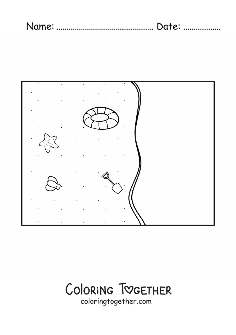 Coloring page of several beach toys in the sand