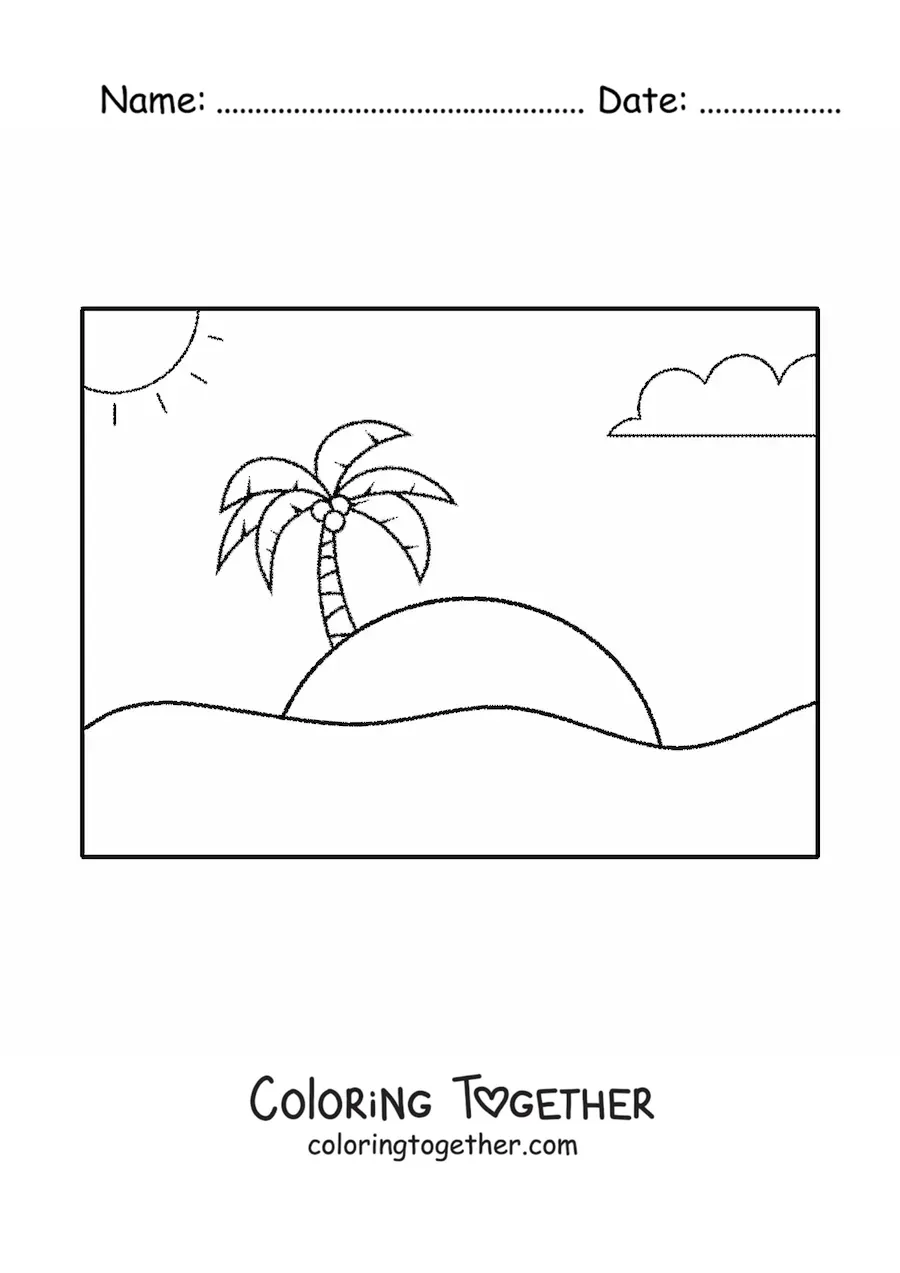 Coloring page of a beach, the sun and a palm tree