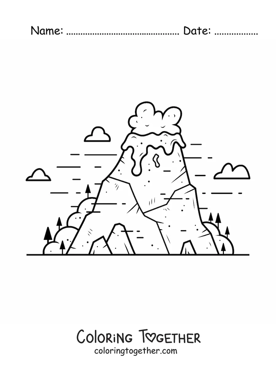 Coloring page of an active volcano