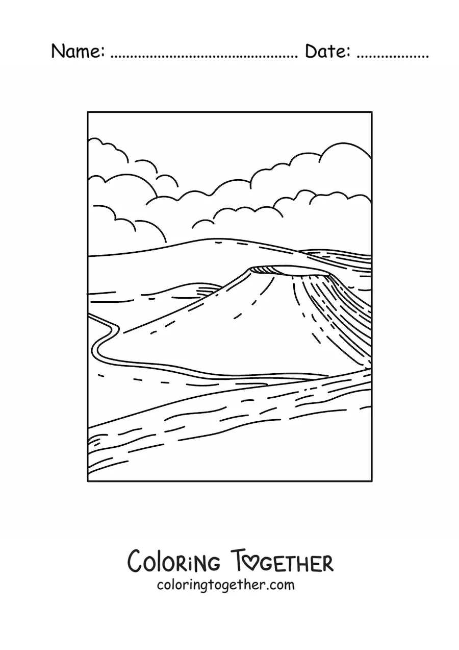 Coloring page of a landscape with a volcano