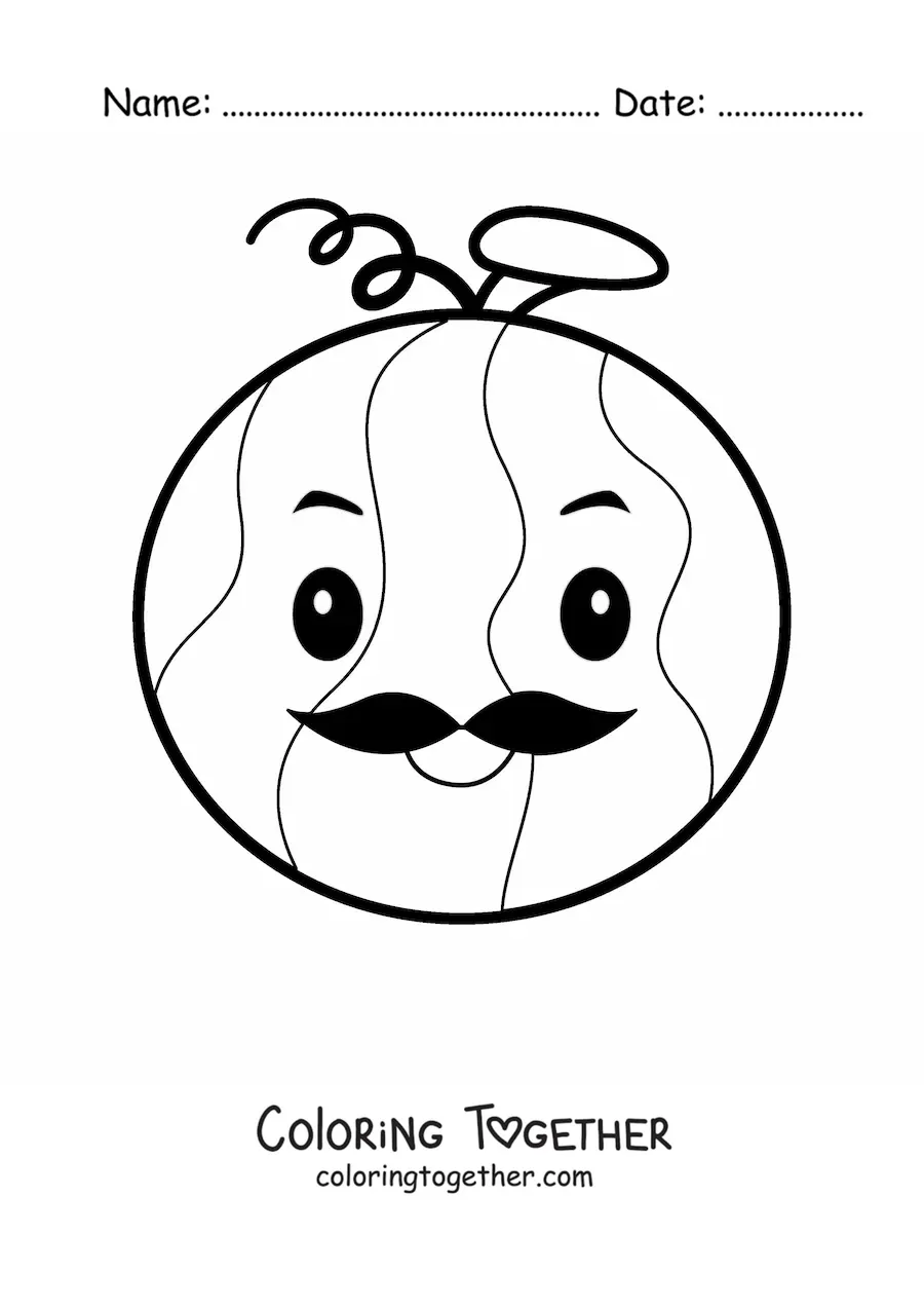 Coloring page of a cartoon watermelon with a moustache