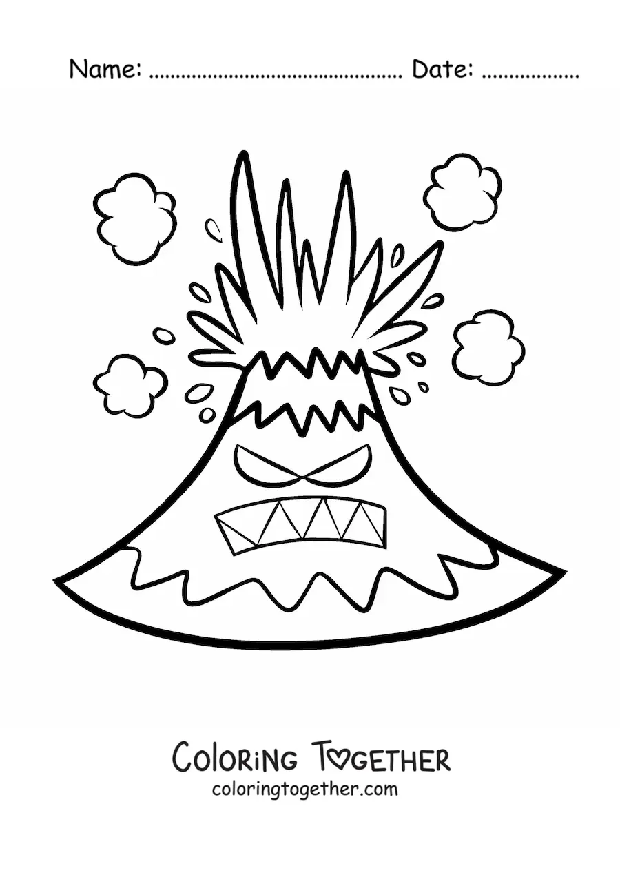 Coloring page of a furious animated volcano erupting