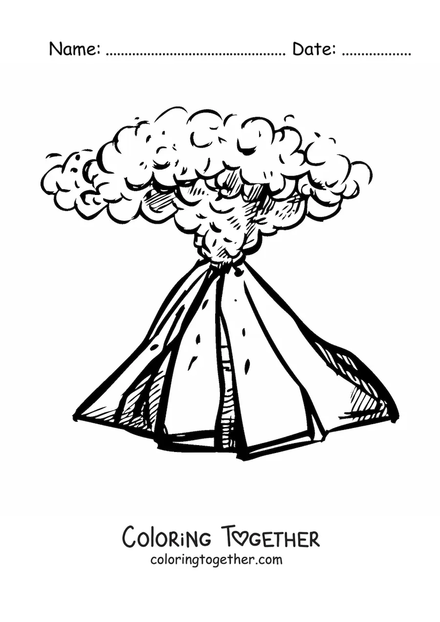 Coloring page of a volcano with smoke