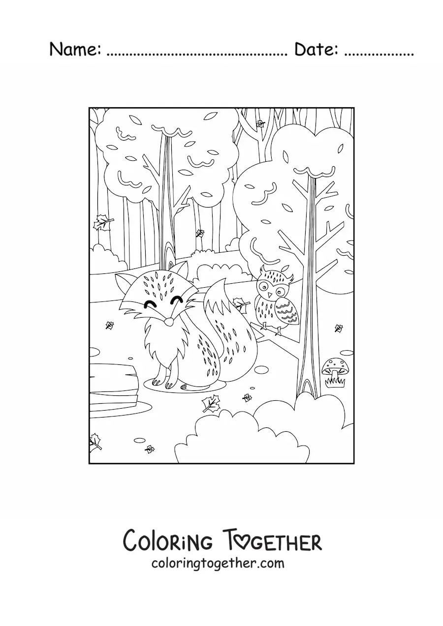 Coloring page of a fox next to a kawaii owl in the forest