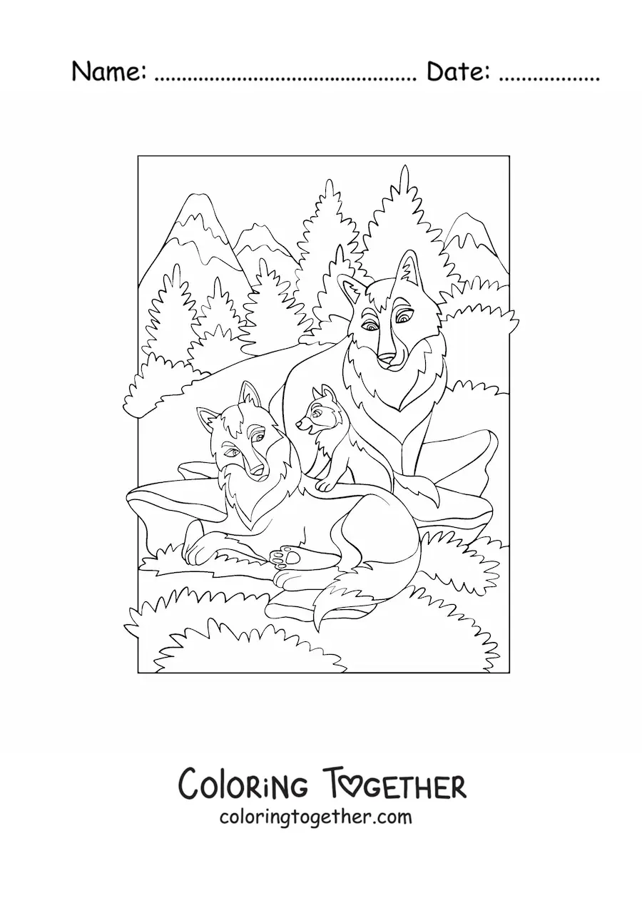 Coloring page of three wolves beside a forest