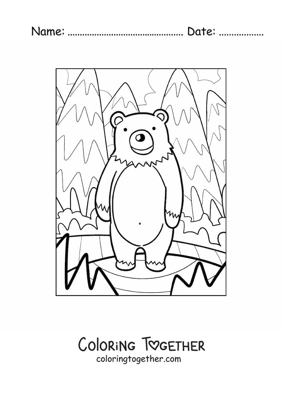 Coloring page of a kawaii bear in a forest