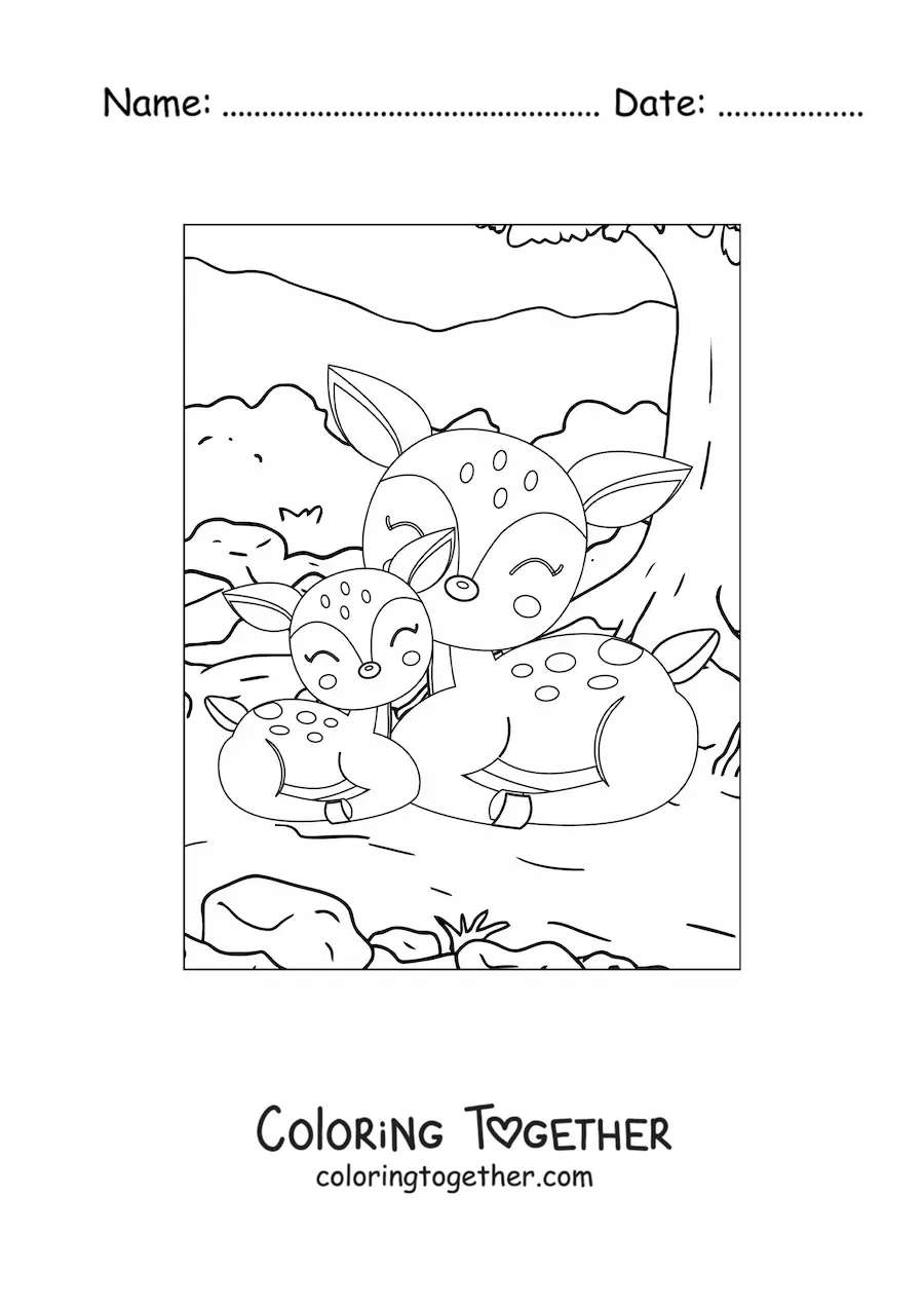 Coloring page of two kawaii forest deer