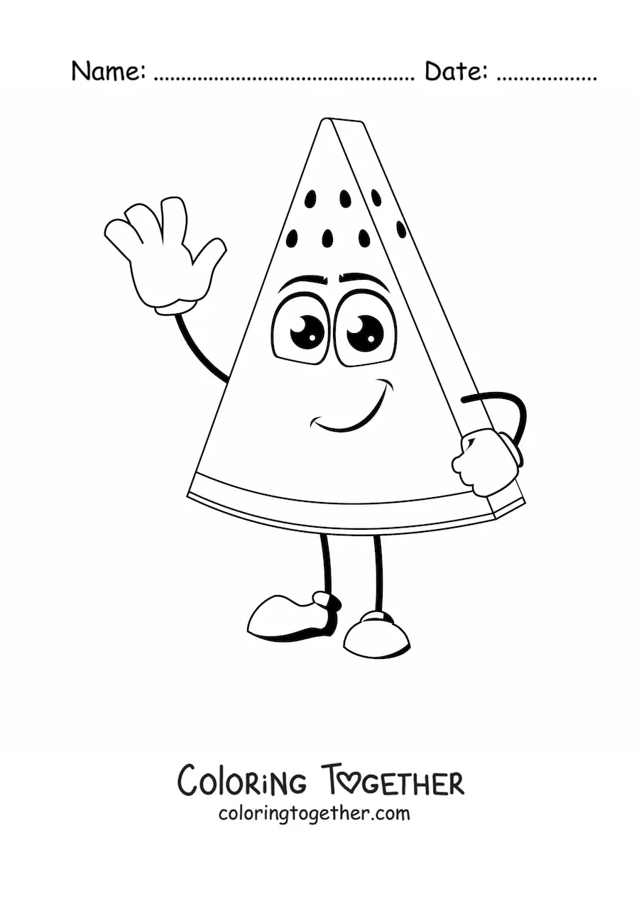 Coloring page of a cartoon watermelon waving with one hand