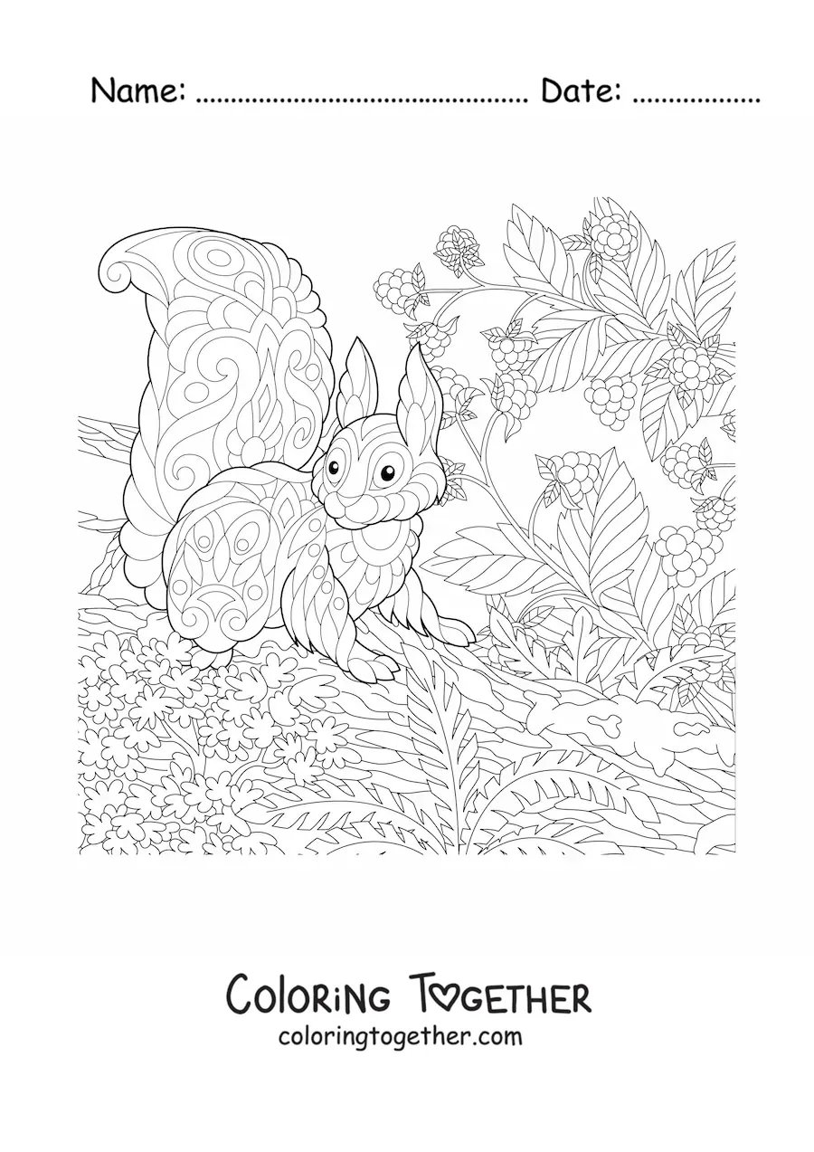 Coloring page of a mandala-style forest squirrel