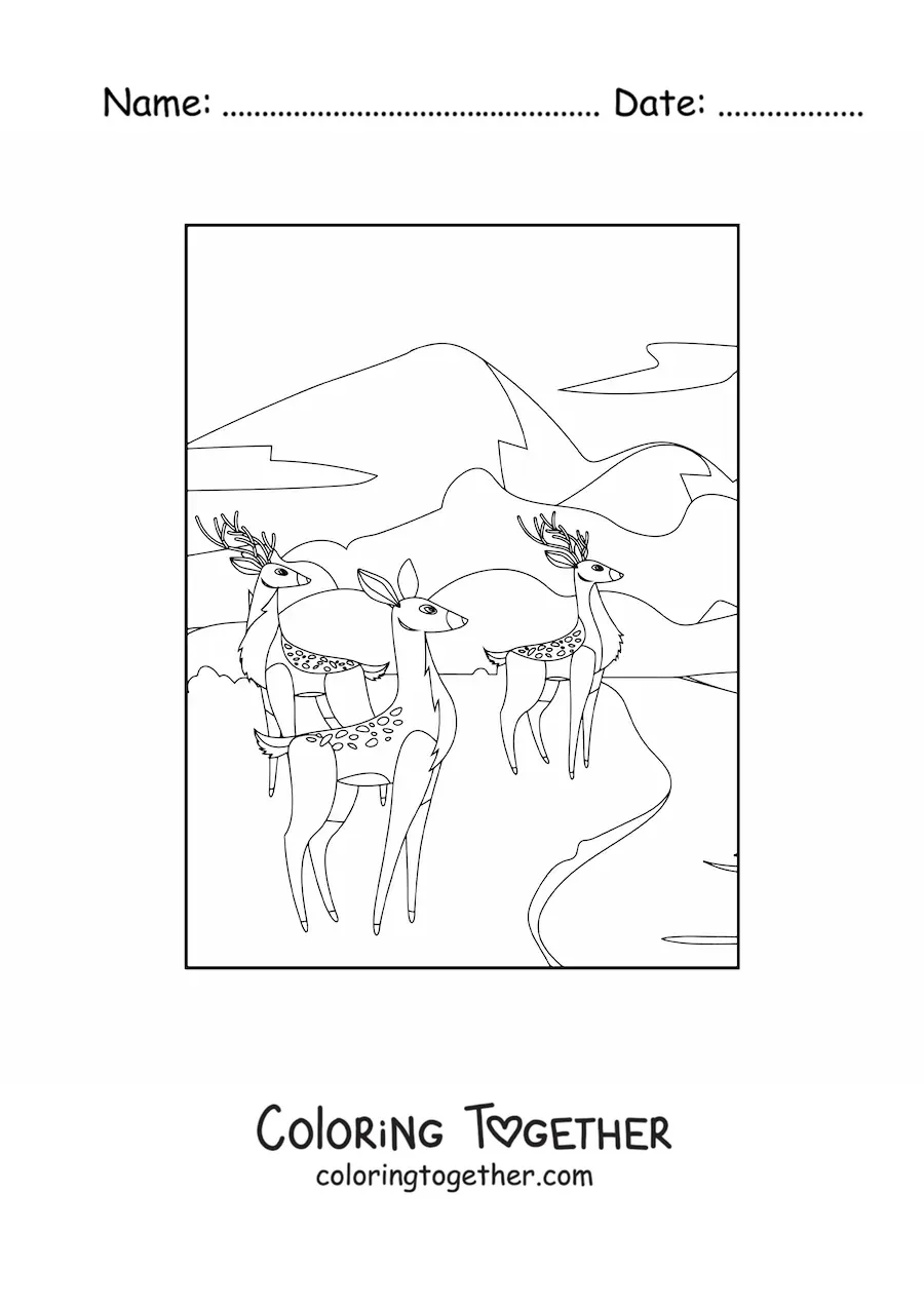 Coloring page of a herd of deer beside a forest