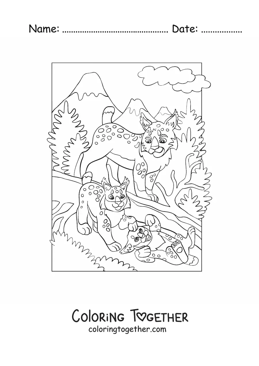 Coloring page of a group of lynxes in the forest