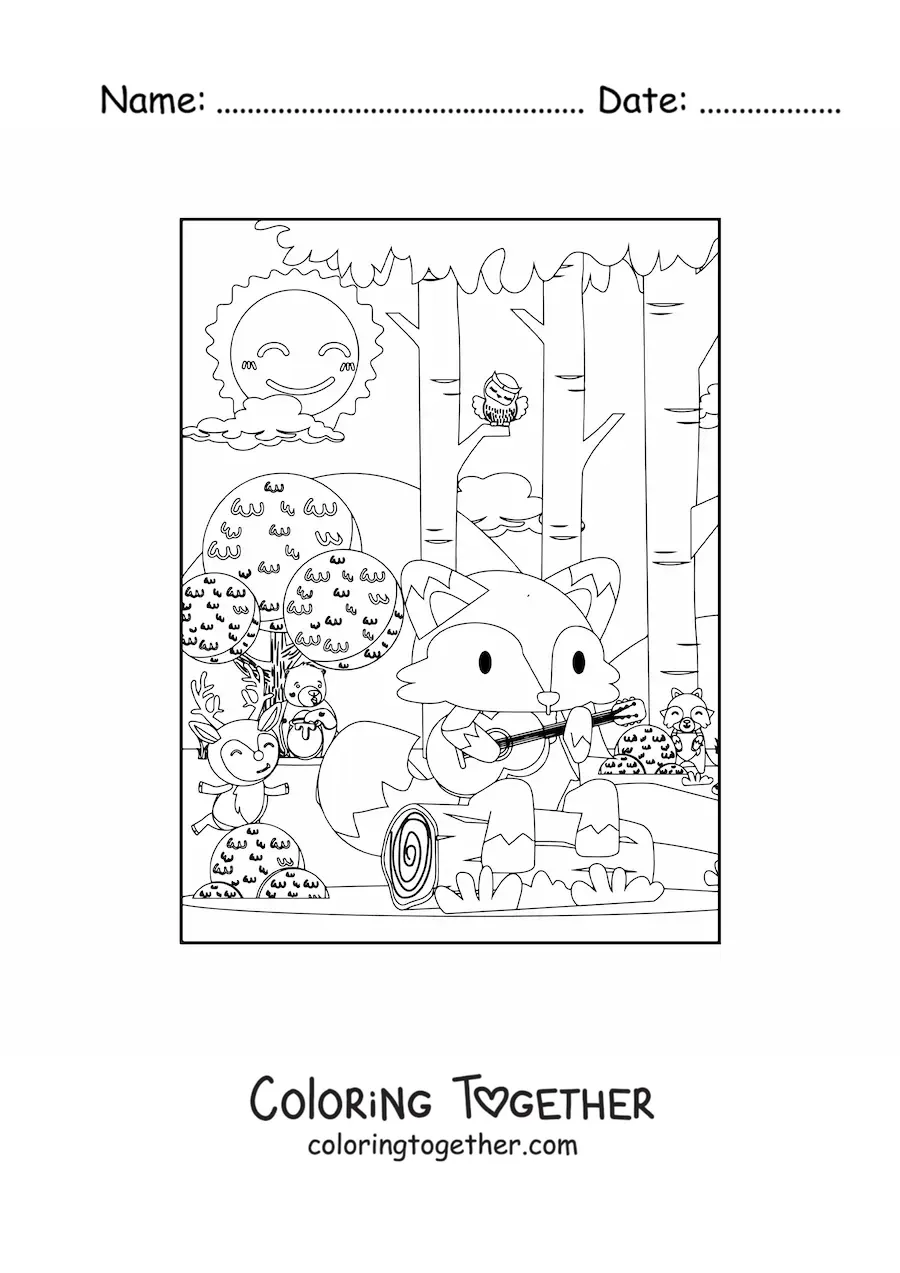 Coloring page of a kawaii fox in the forest
