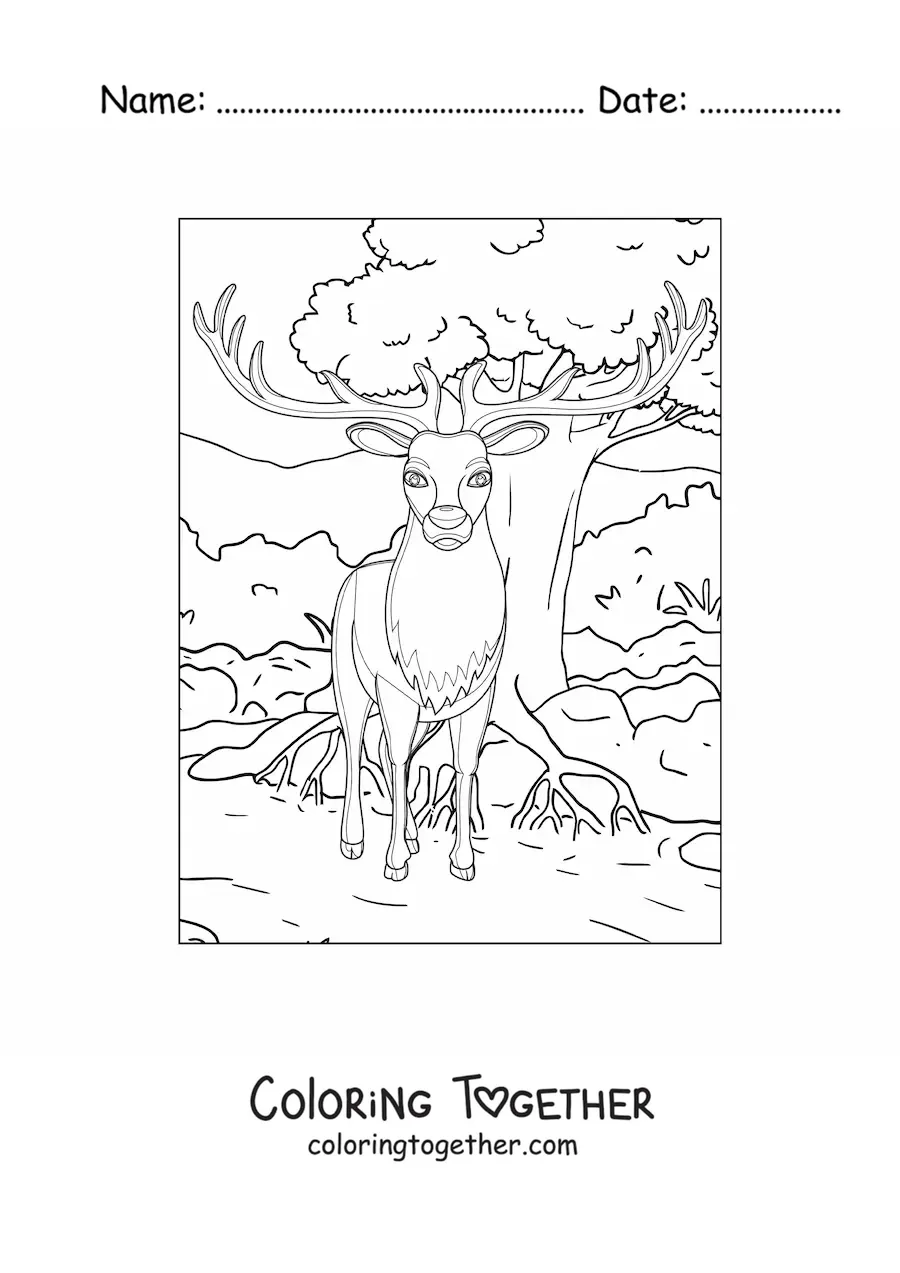Coloring page of a deer in the forest