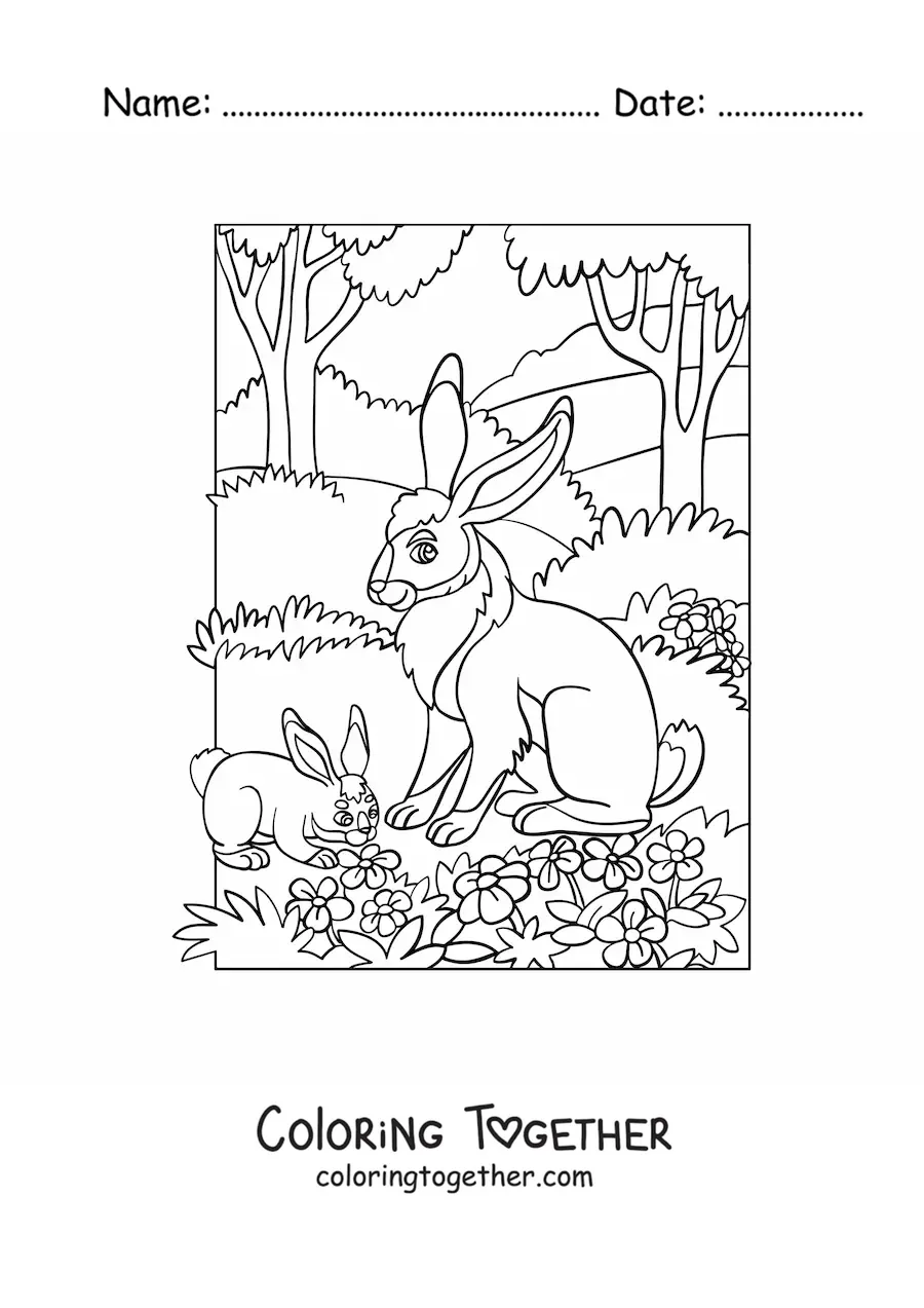 Coloring page of two rabbits in the forest