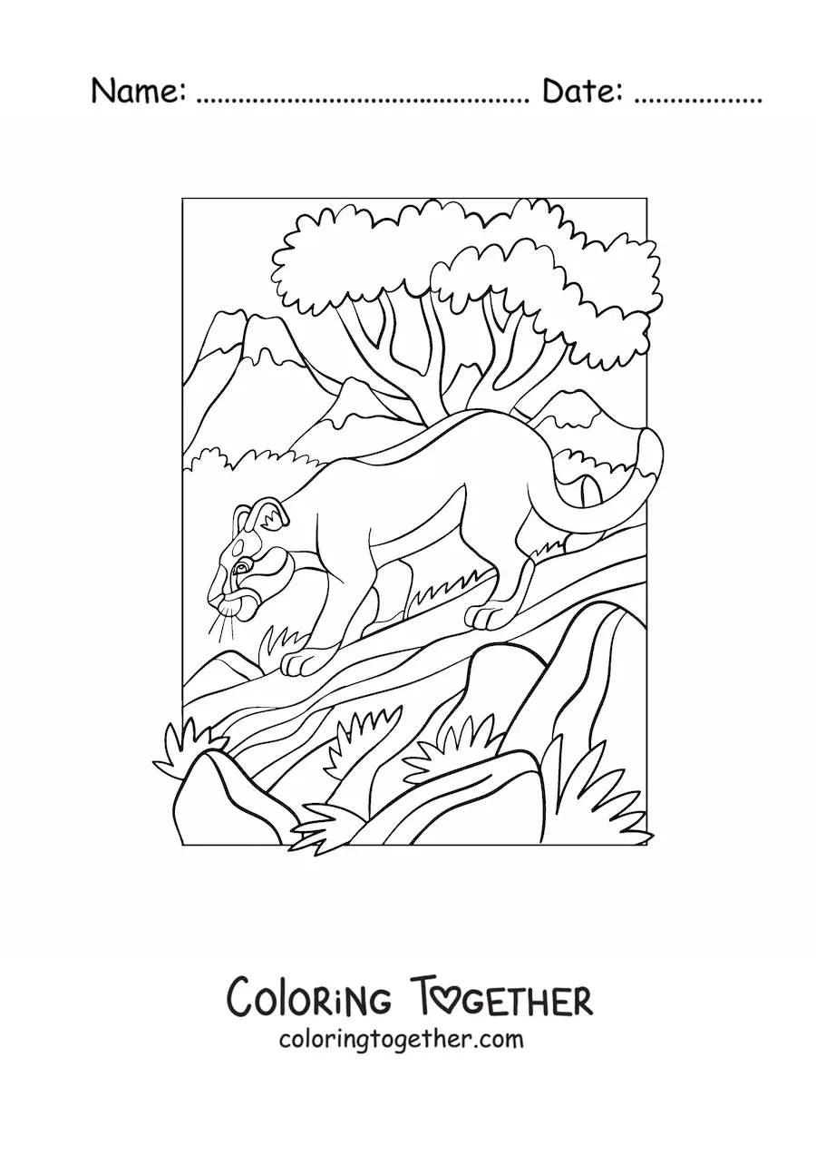 Coloring page of a cougar on a log in the forest