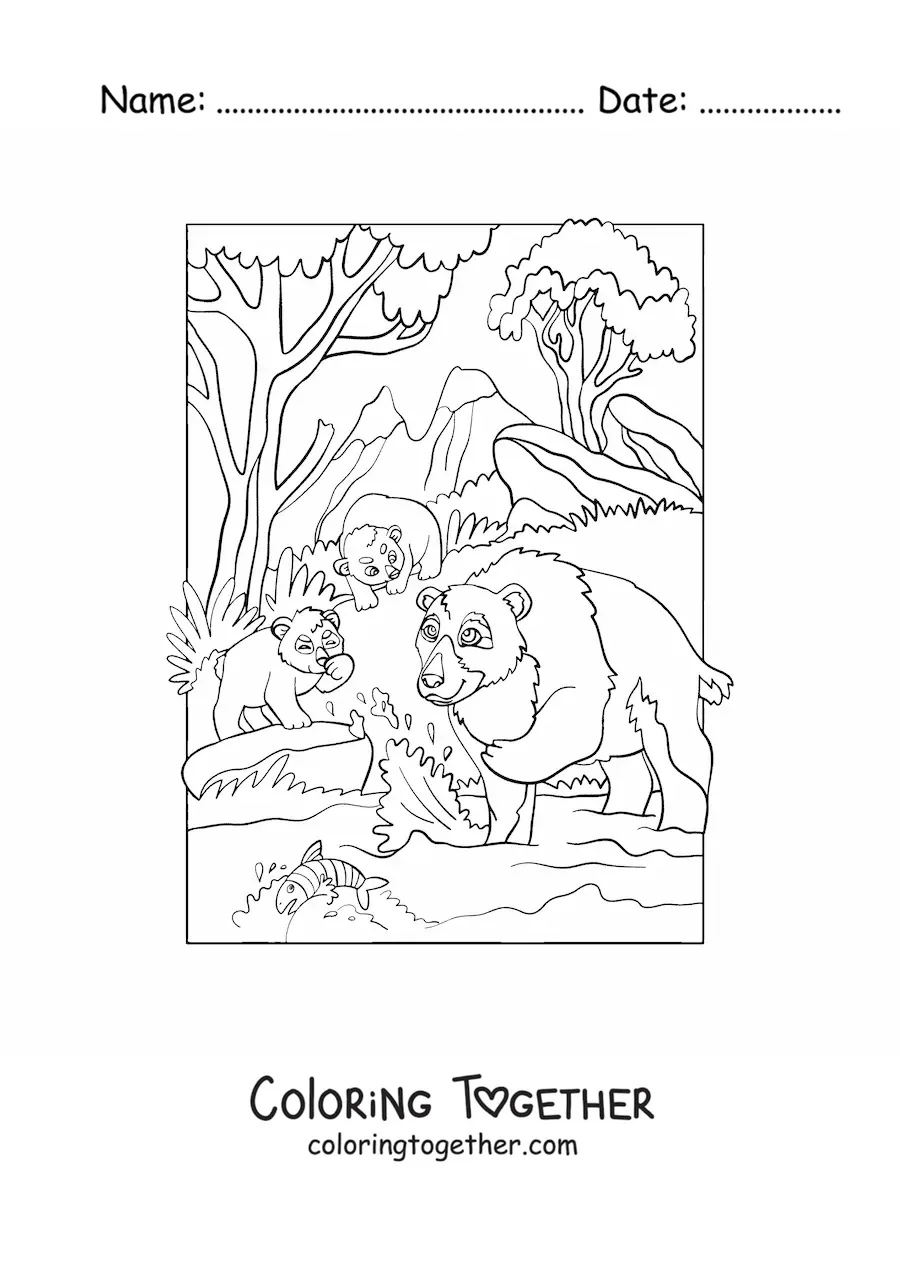 Coloring page of a family of bears in the forest