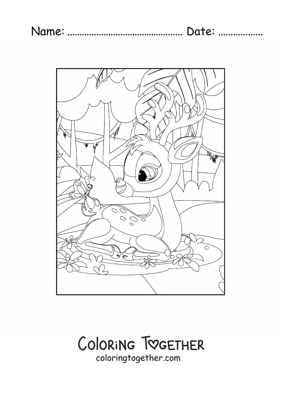 Coloring page of a little deer in the forest