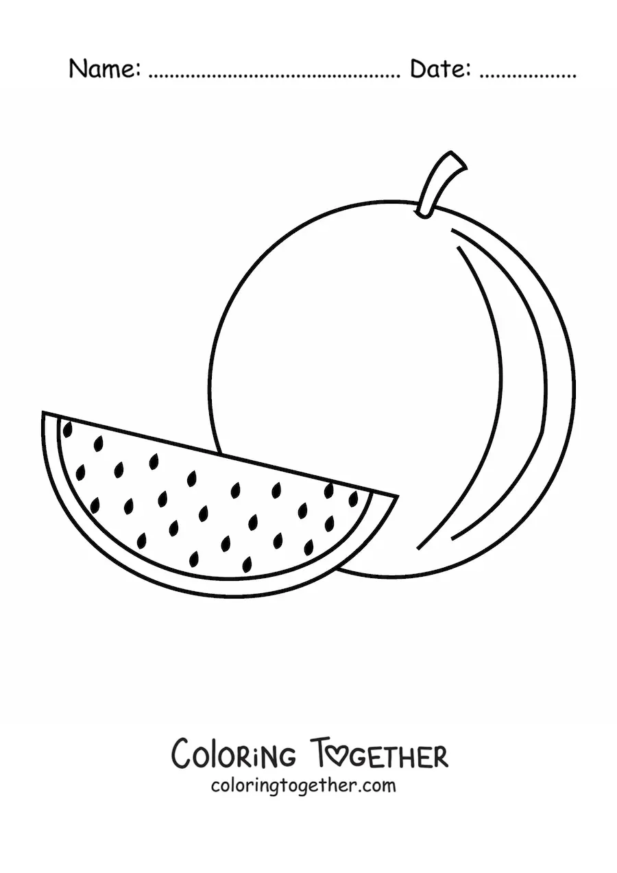 Coloring page of a slice of watermelon next to a whole watermelon