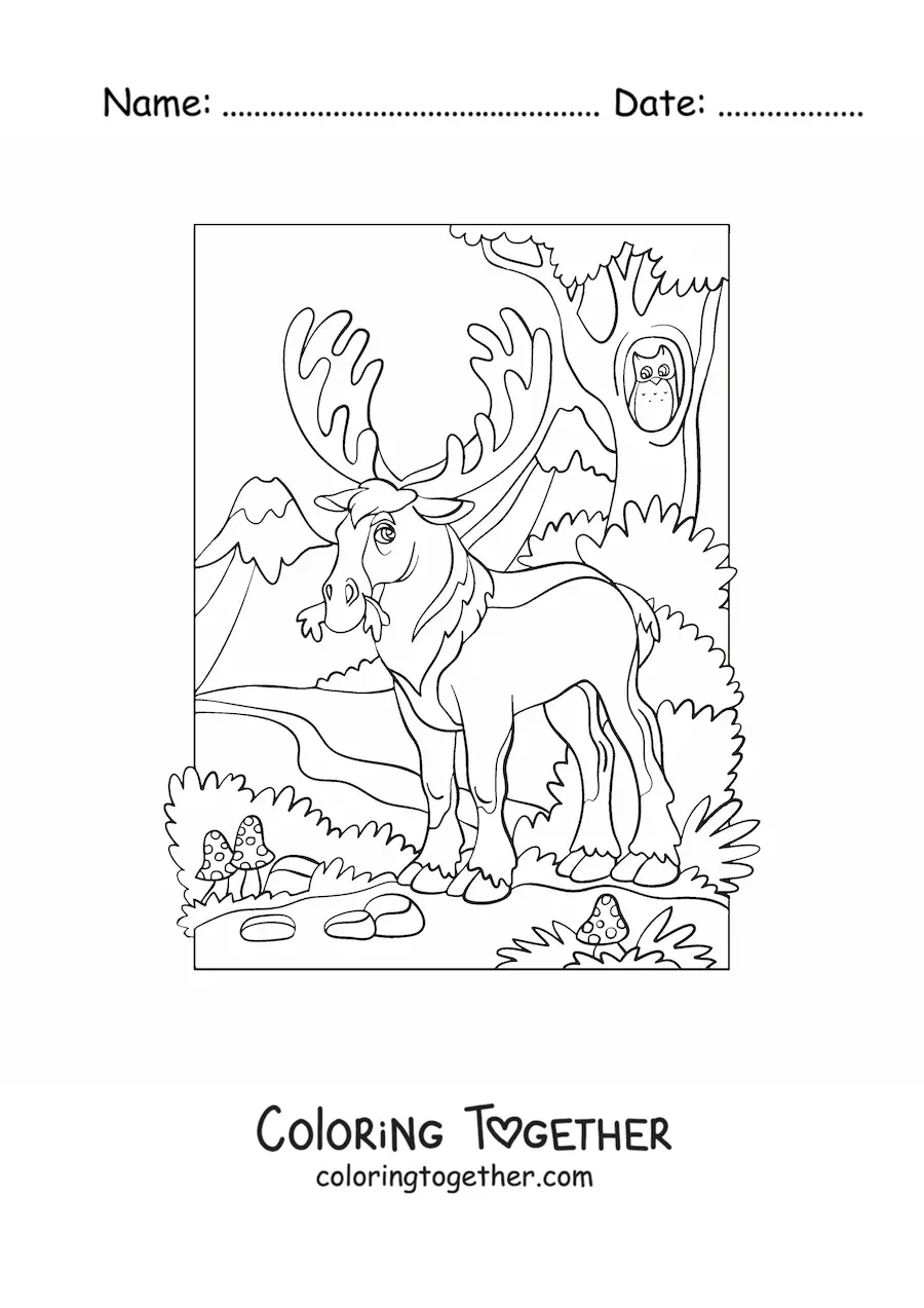 Coloring page of a moose in the forest