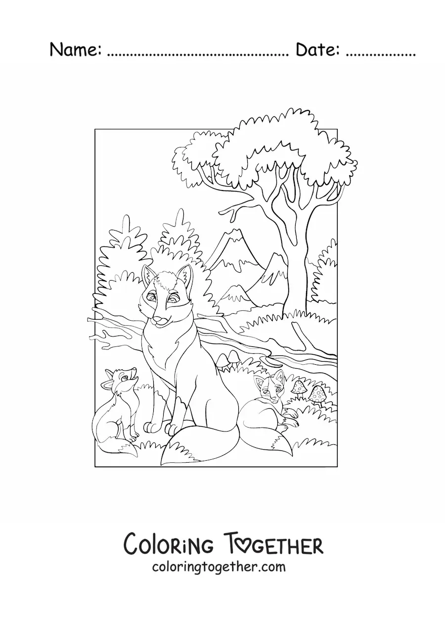 Coloring page of a litter of wolves in the forest