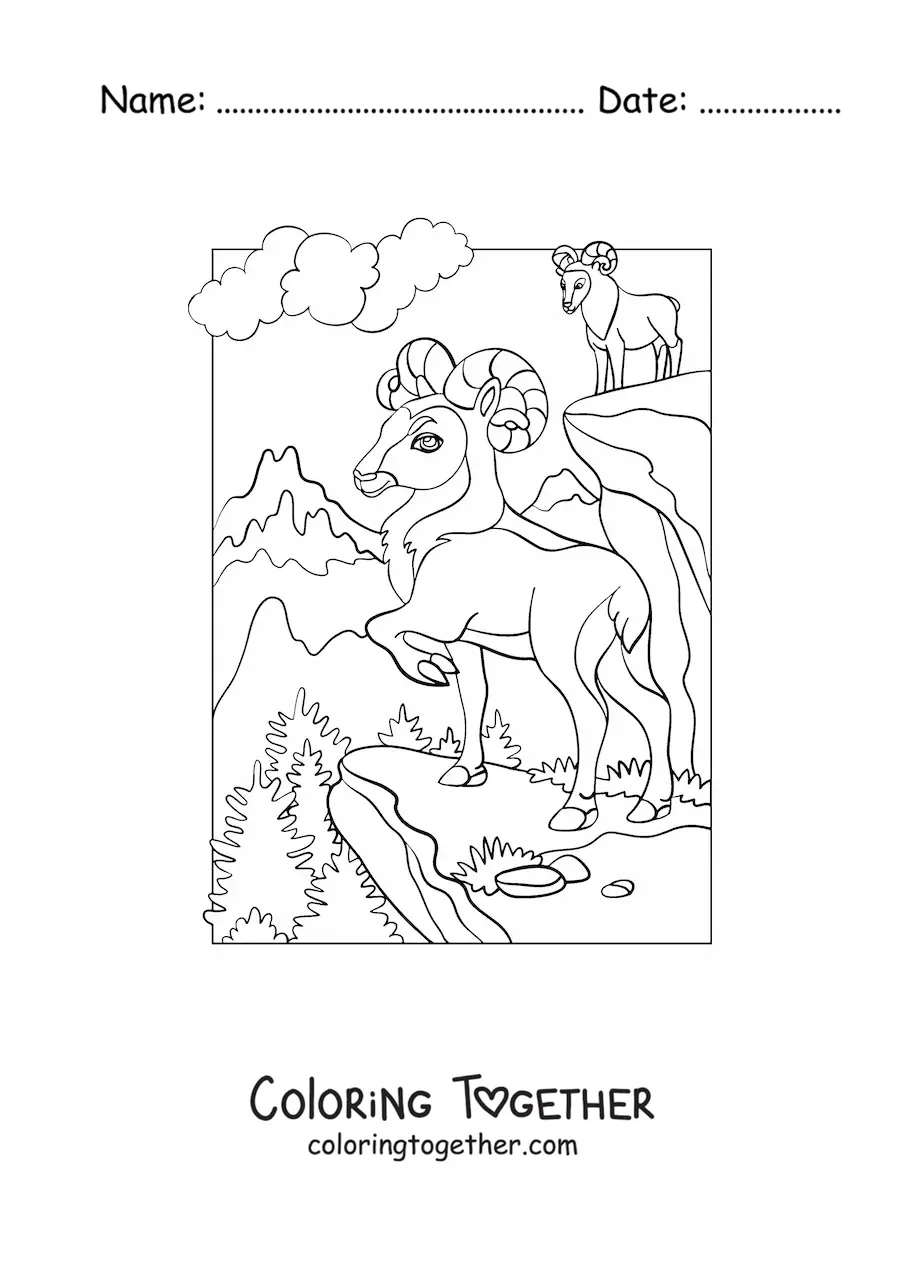 Coloring page of two mountain goats