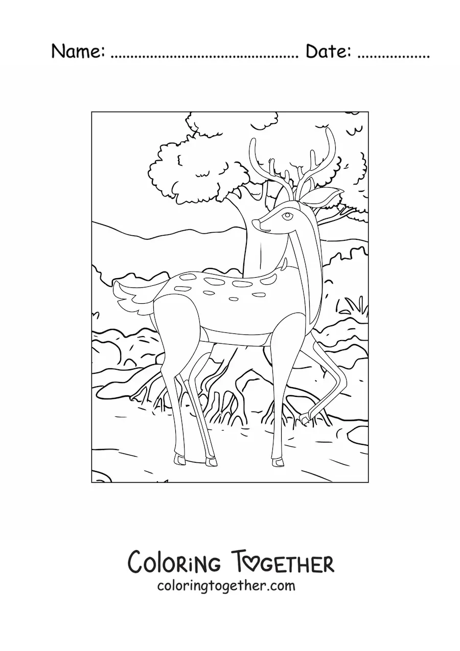 Coloring page of a deer in the forest