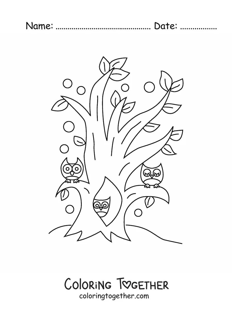 Coloring page of several owls inside a tree in the forest