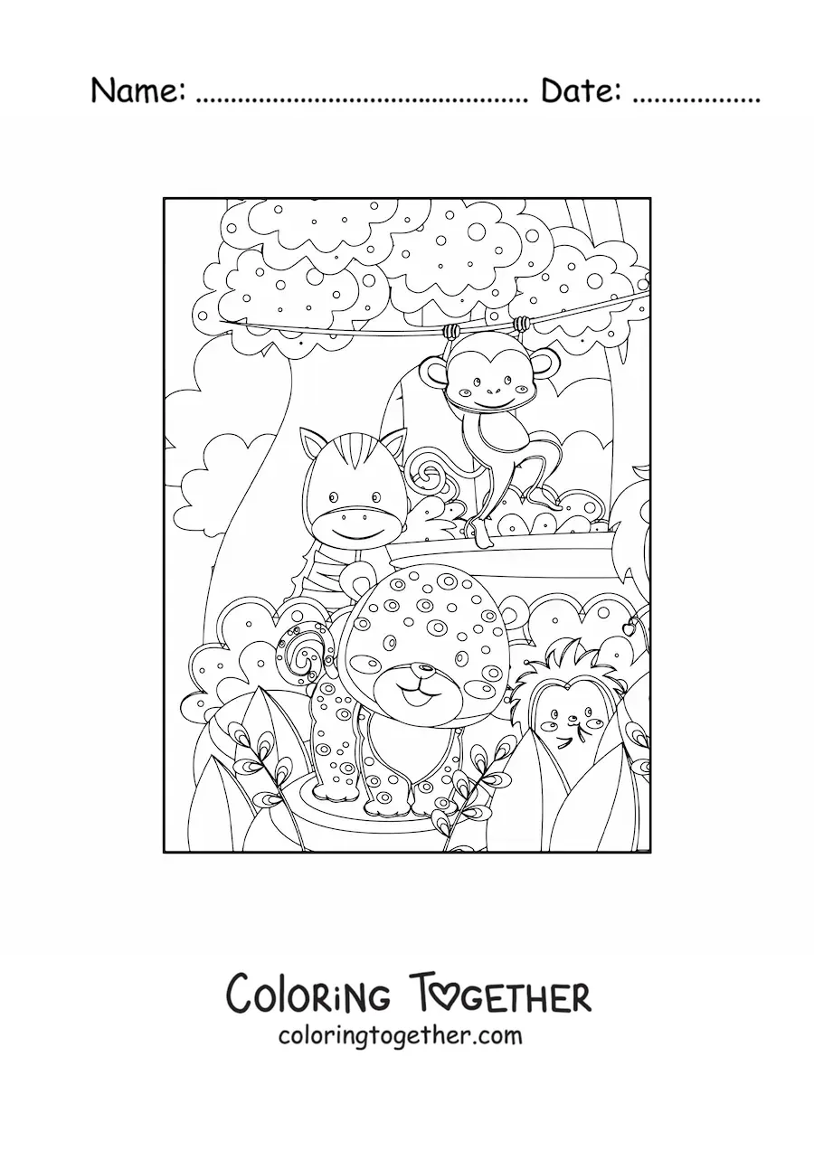 Coloring page of several kawaii jungle animals