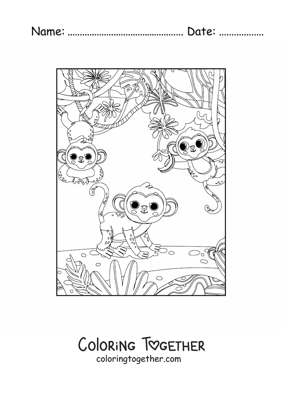 Coloring page of three kawaii monkeys in the jungle