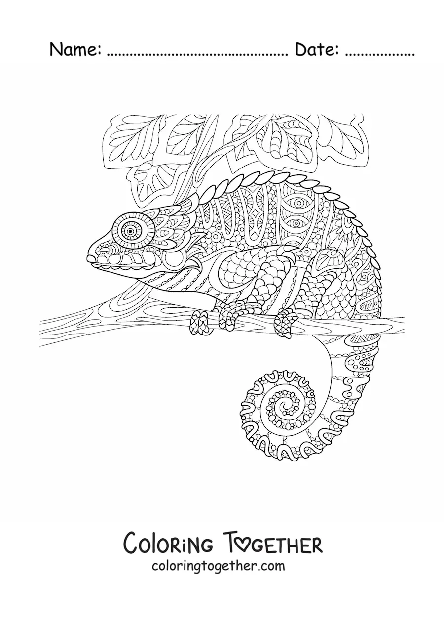 Coloring page of a mandala with a chameleon design in the jungle