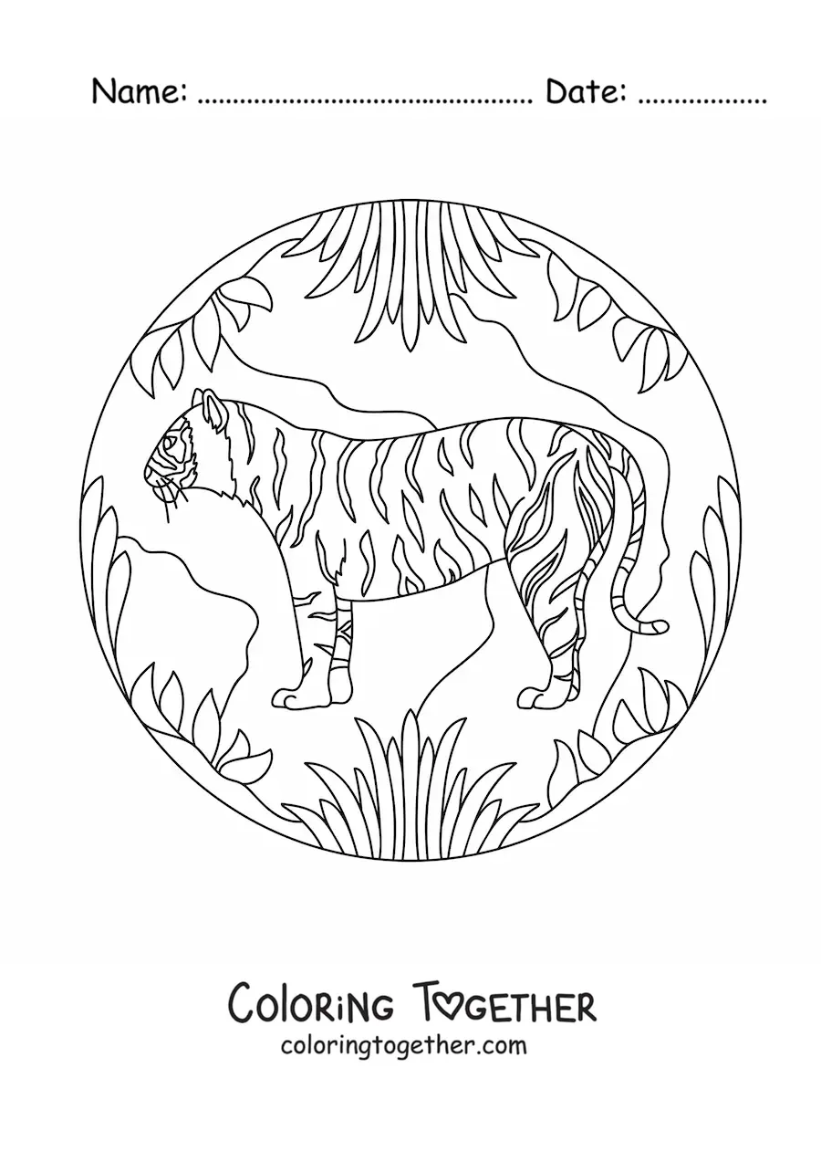 Coloring page of a tiger in the jungle