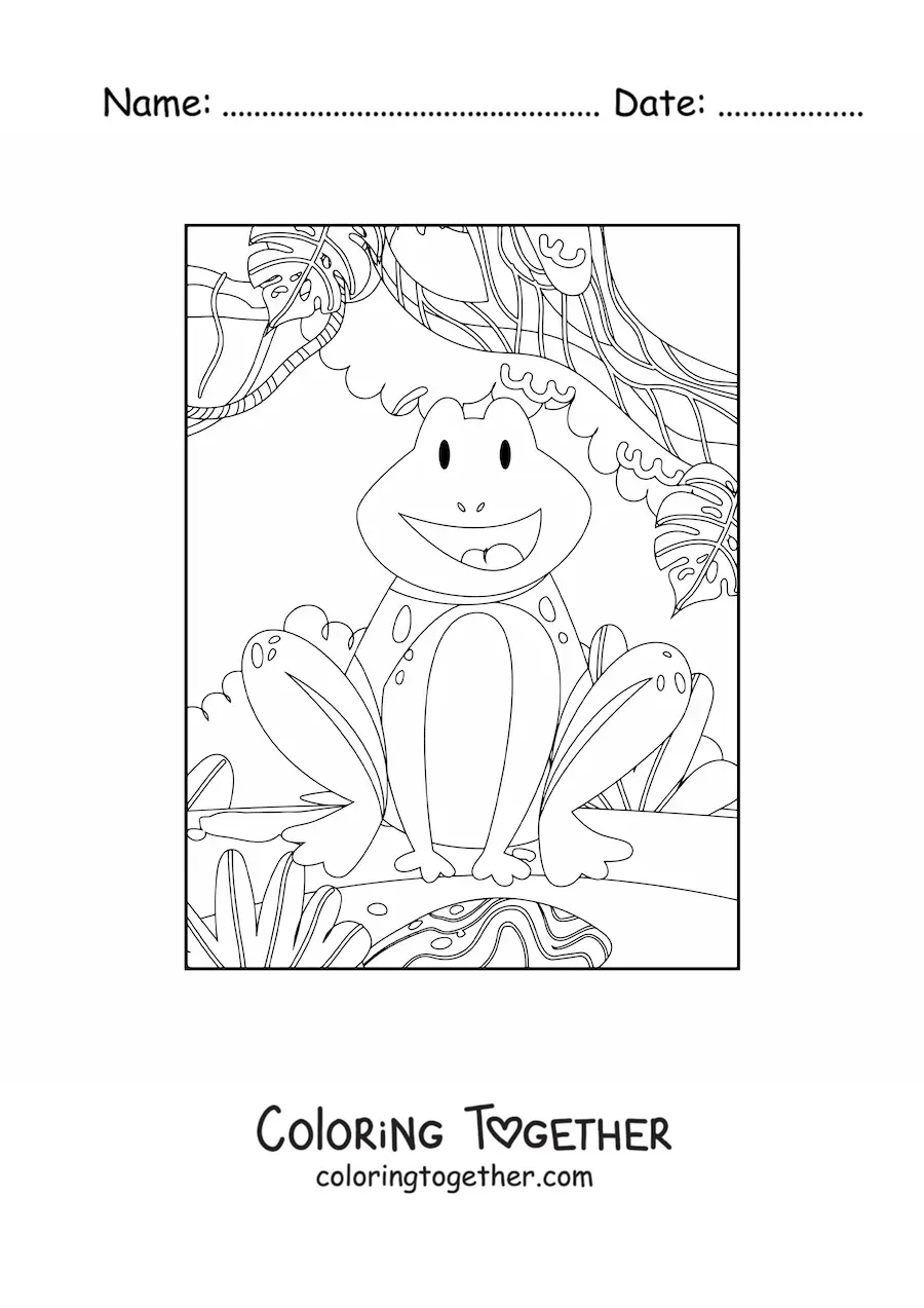 Coloring page of a cartoon tropical rainforest frog