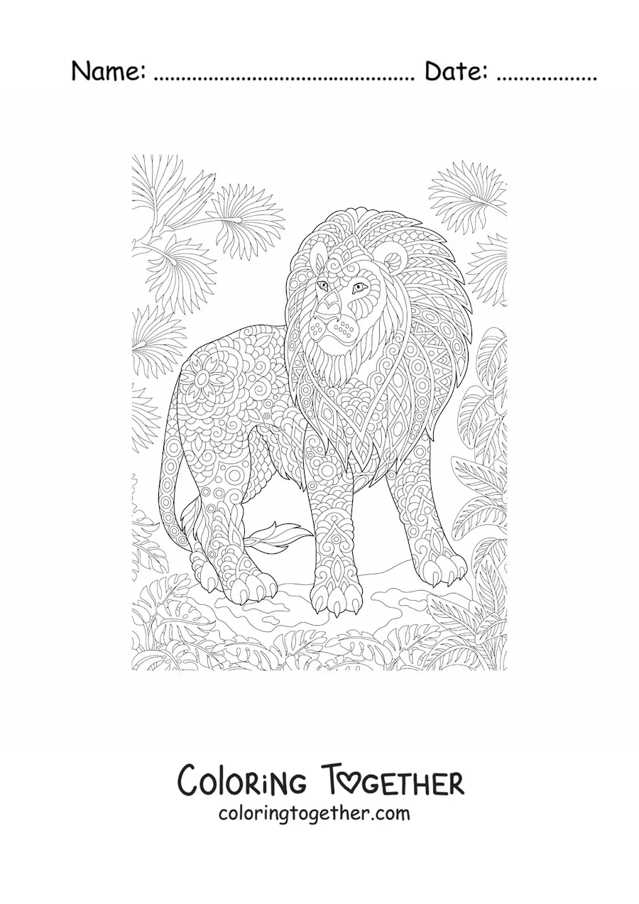 Coloring page of a mandala with an African jungle lion design