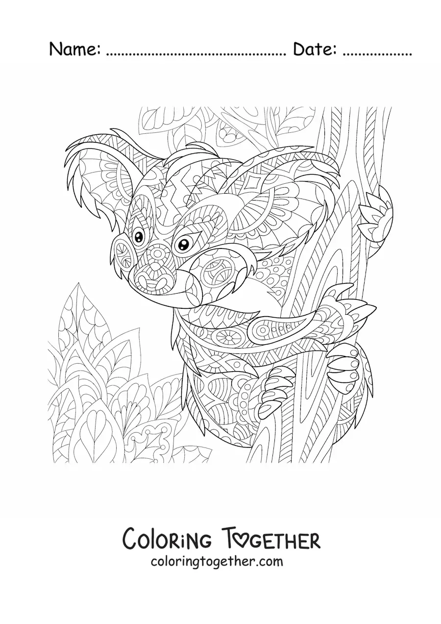 Coloring page of a mandala with a wild koala design