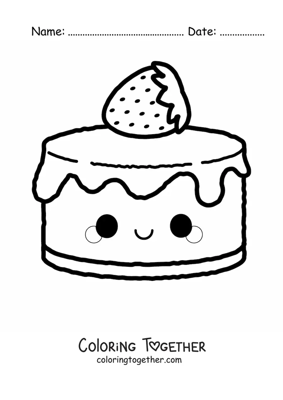 Coloring page of a cartoon kawaii strawberry cake