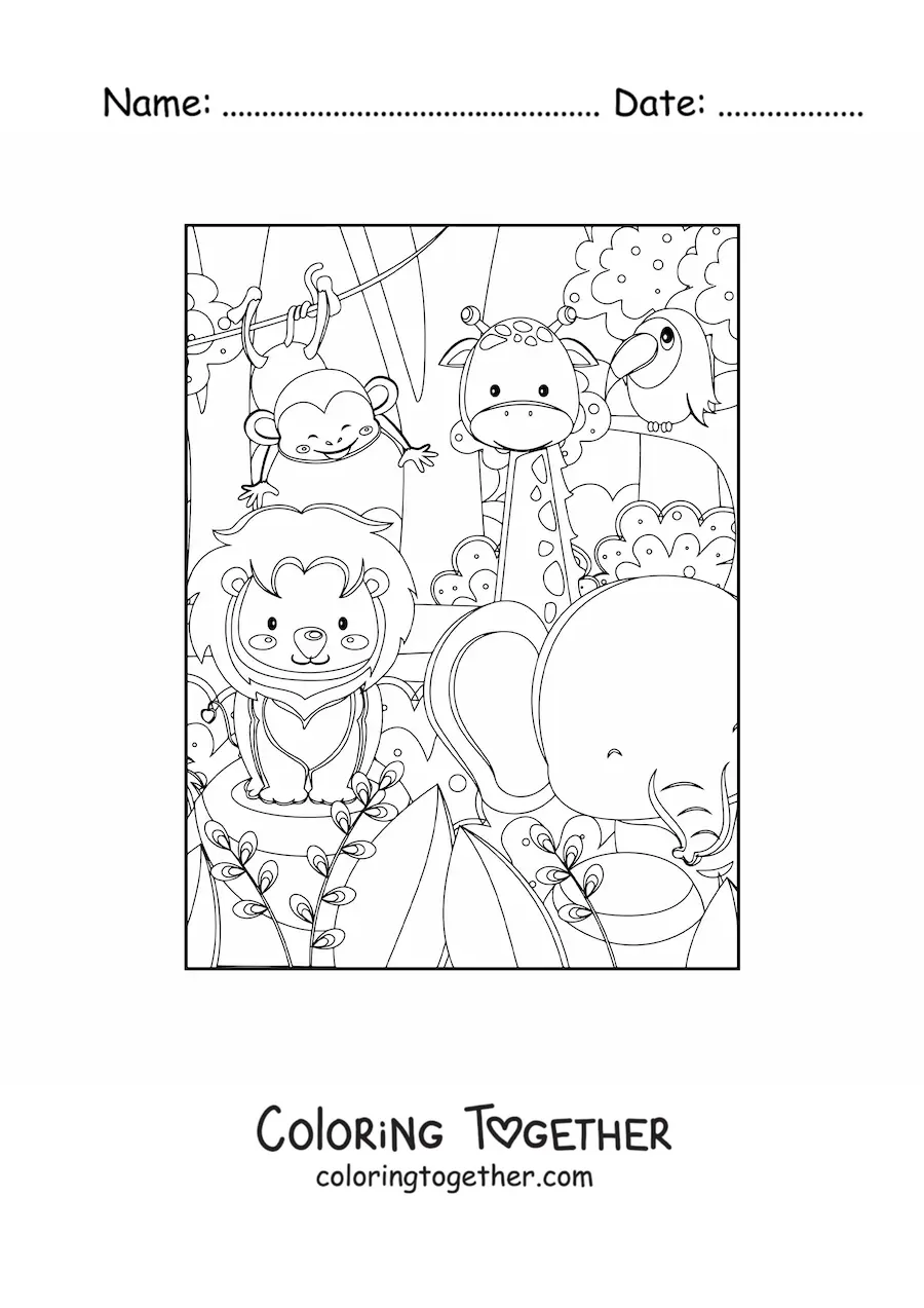 Coloring page of several kawaii African jungle animals