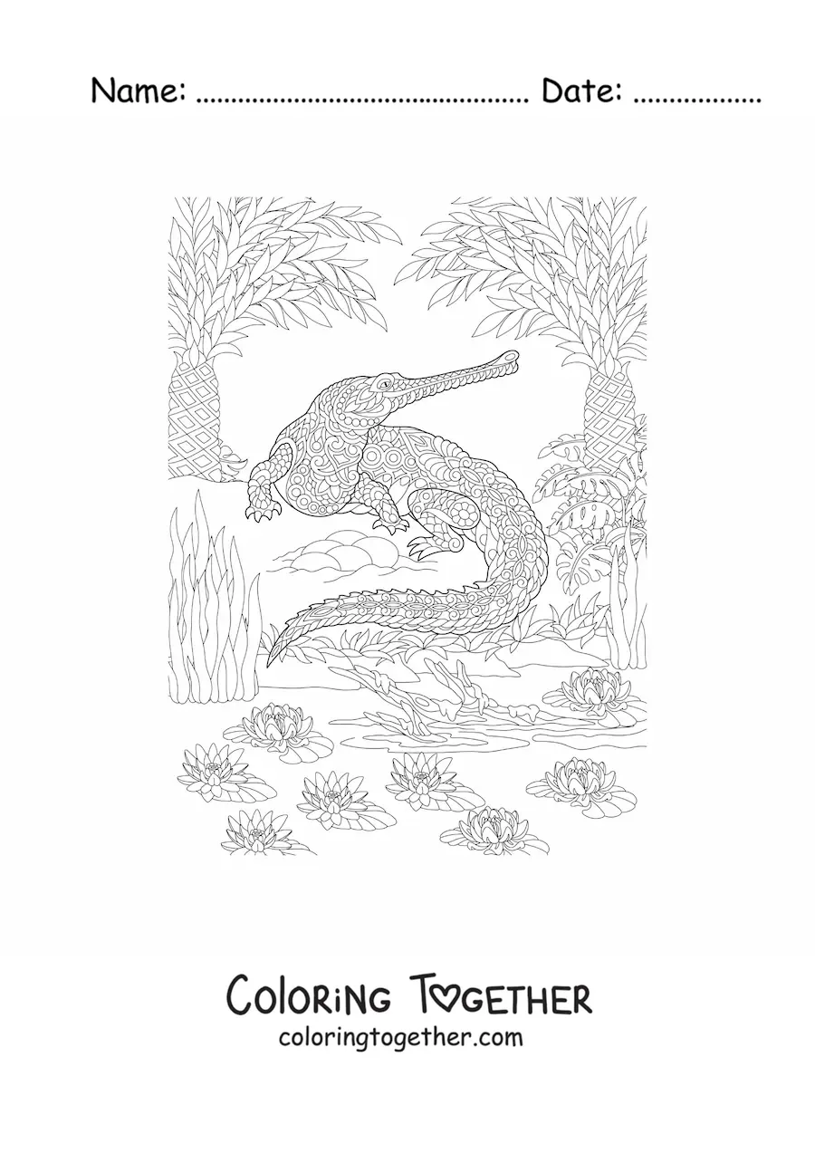 Coloring page of a mandala with a tropical jungle caiman design