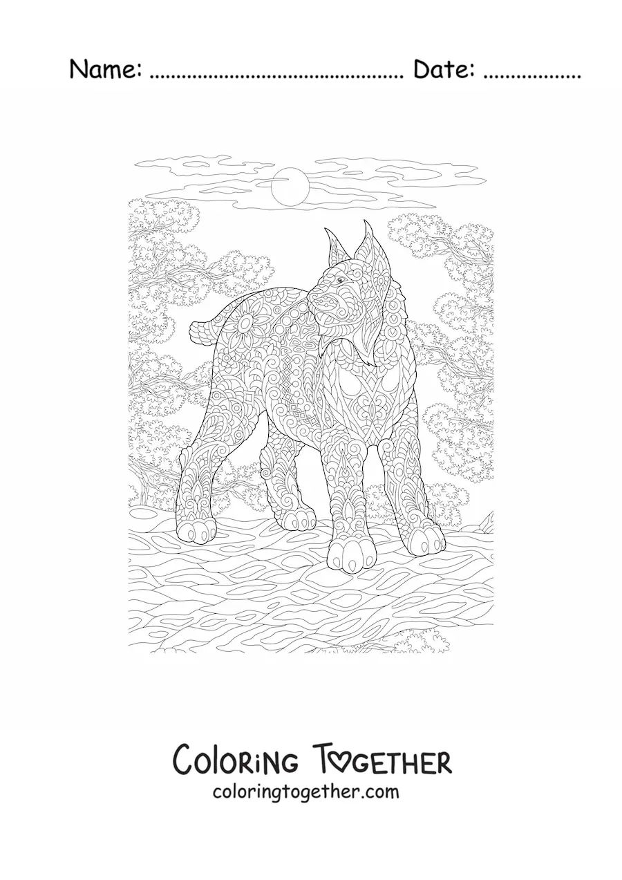 Coloring page of a mandala with a wild lynx design