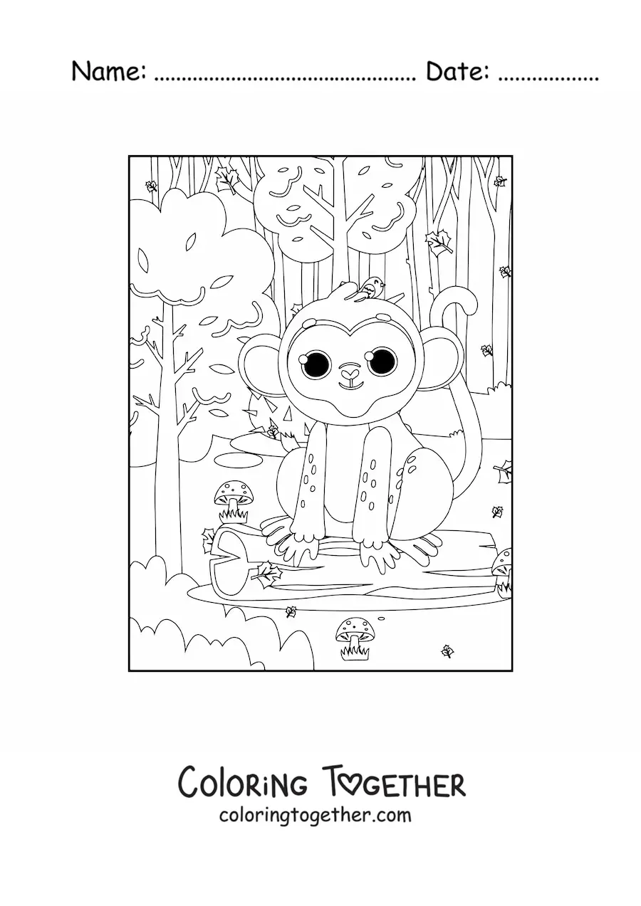 Coloring page of a kawaii tropical rainforest monkey