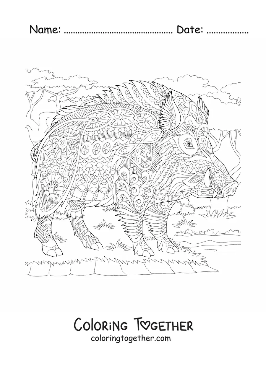 Coloring page of a mandala with a wild boar design