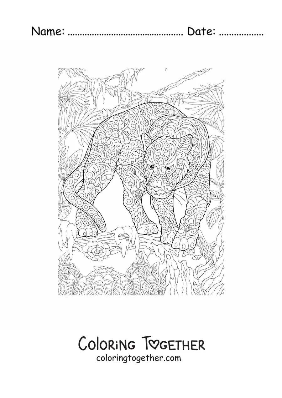 Coloring page of a mandala with a leopard design in the jungle