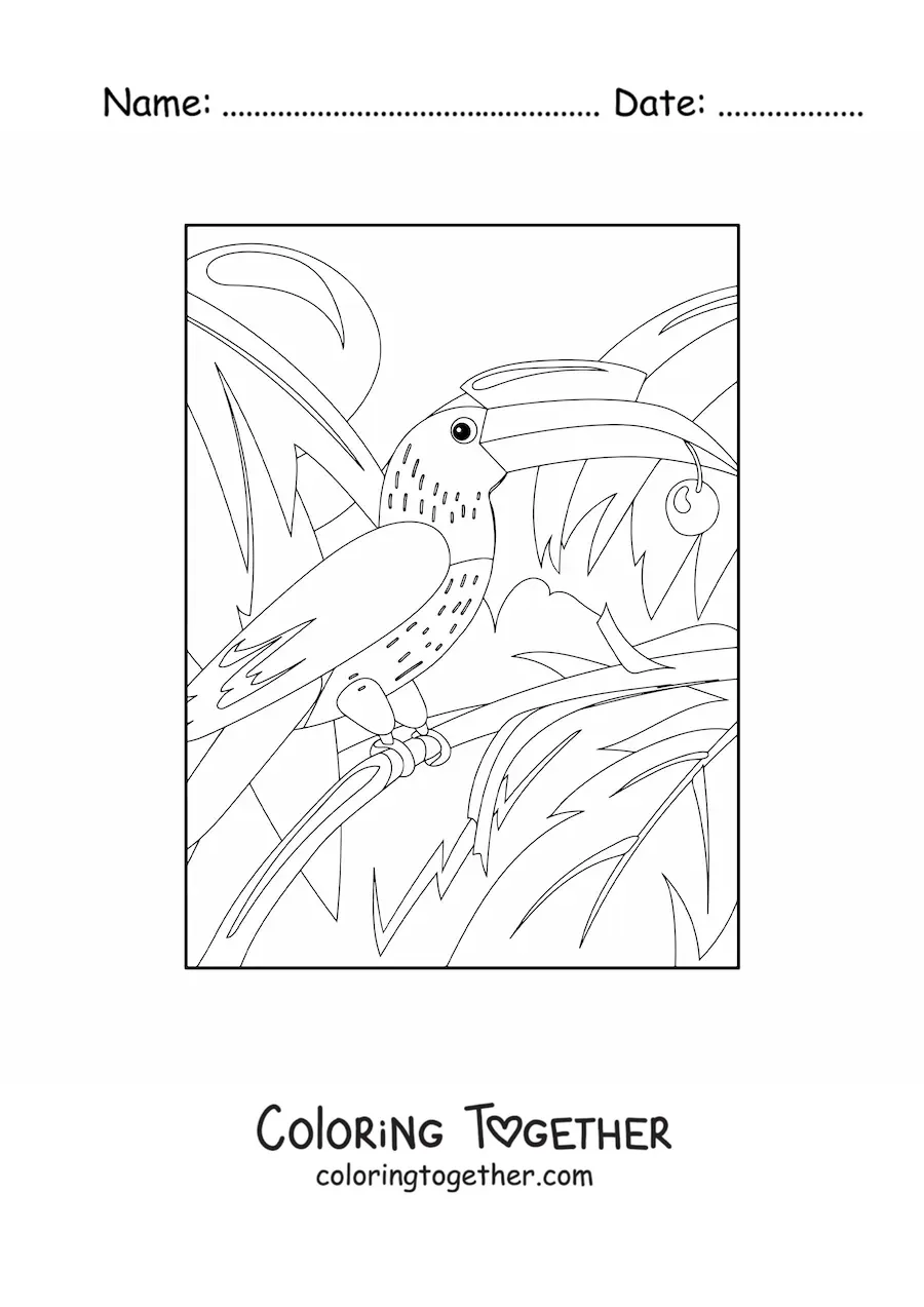 Coloring page of a toucan in the jungle