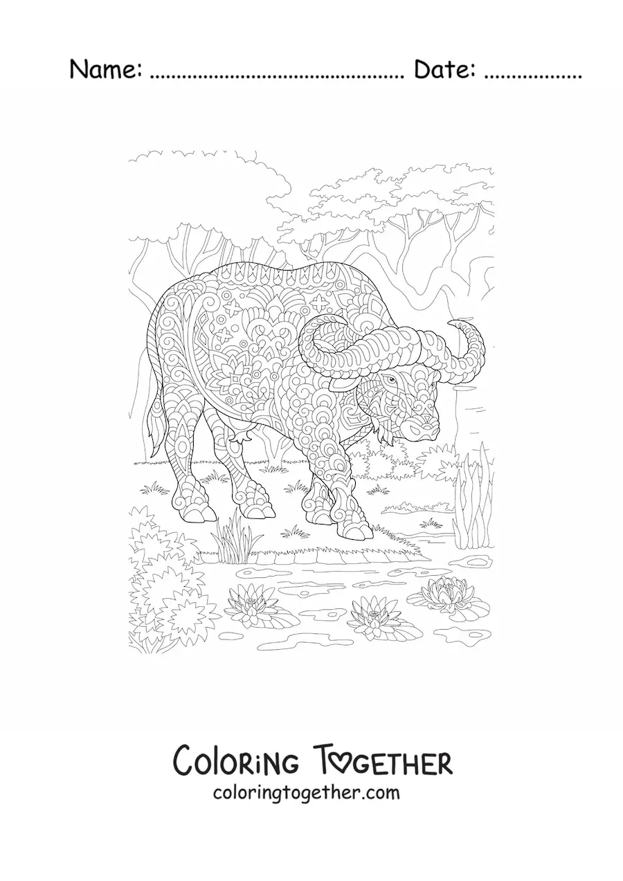 Coloring page of a mandala with a wild buffalo design
