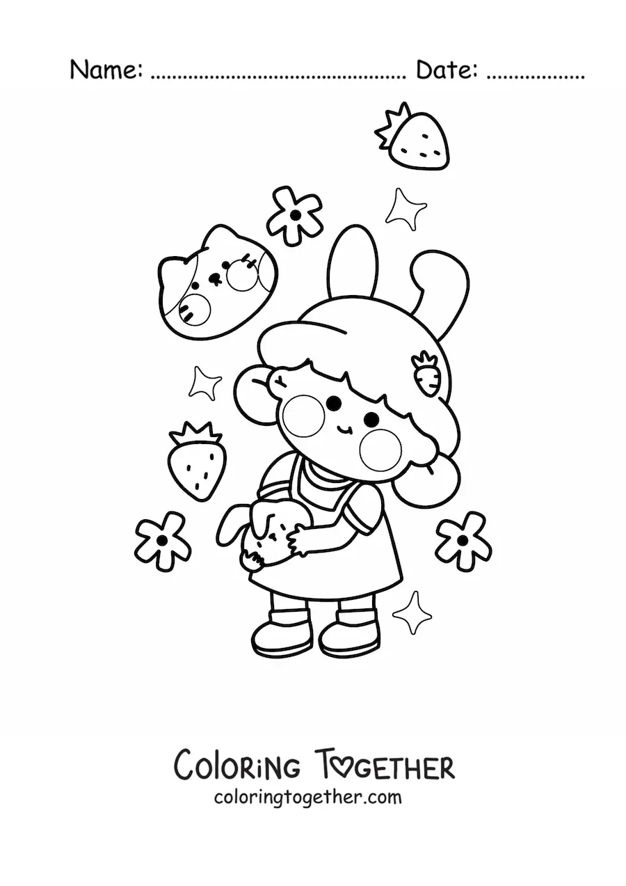 Coloring page of a girl surrounded by strawberries, stars, flowers and a kitten