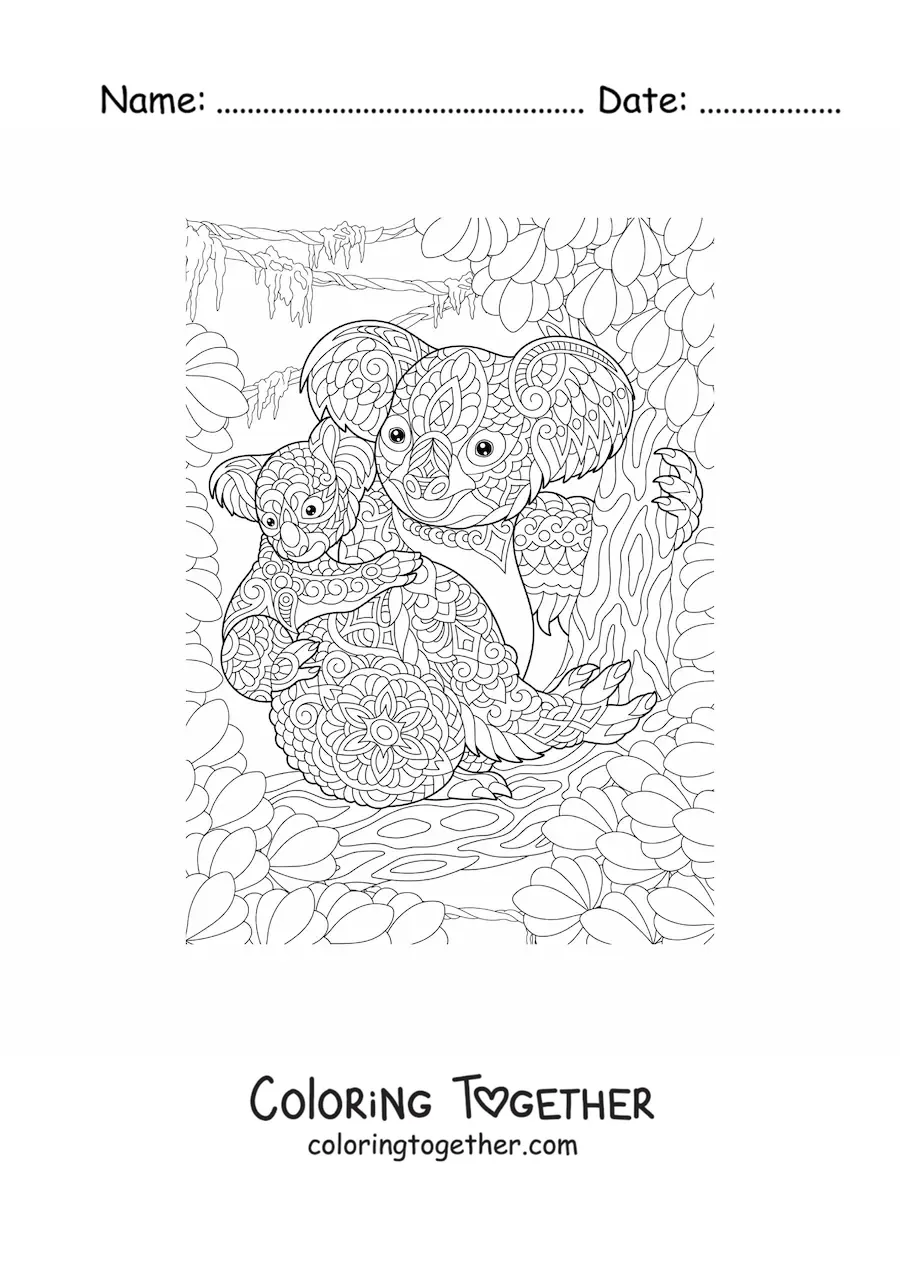 Coloring page of a mandala with two koalas in the jungle