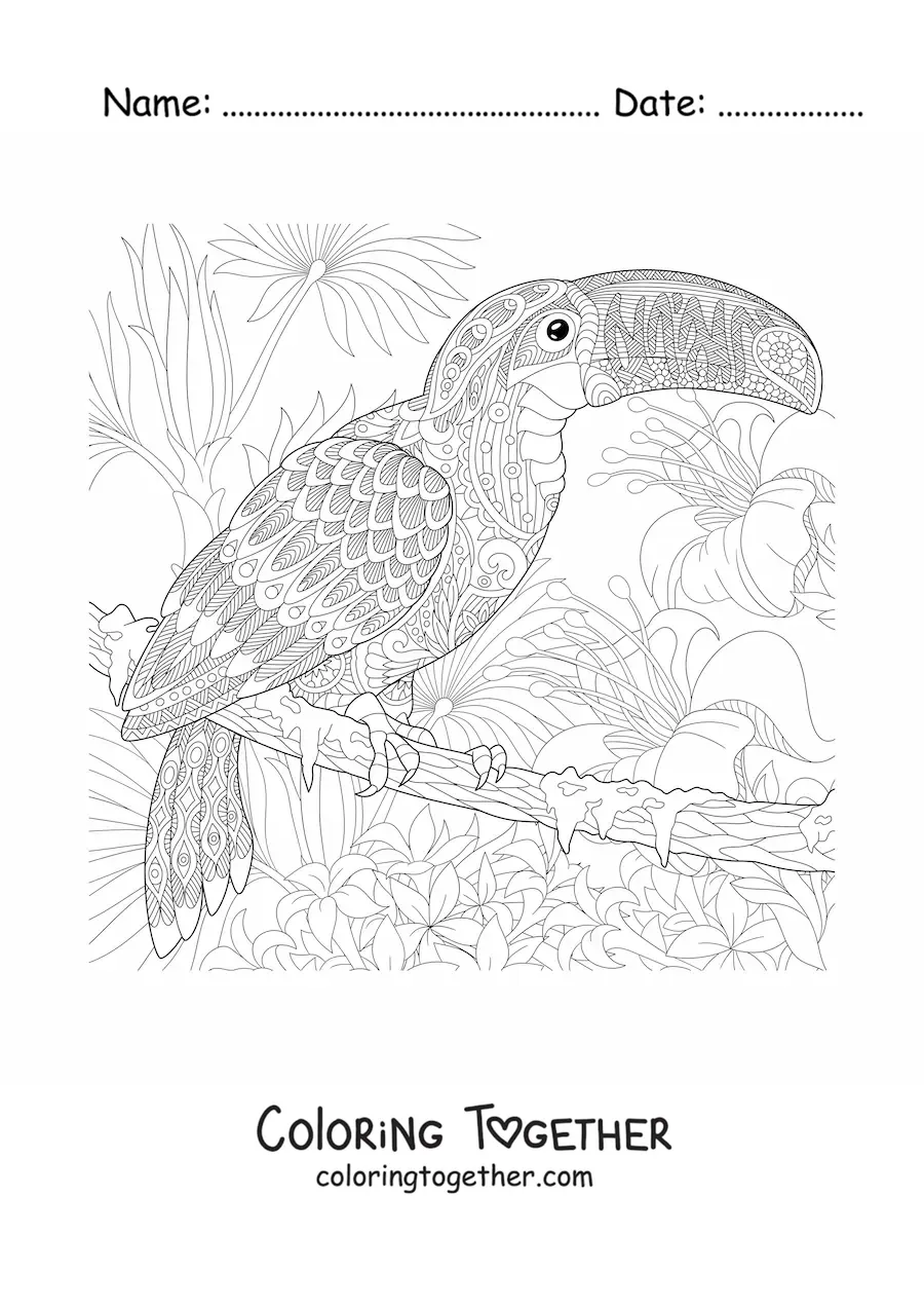 Coloring page of a mandala with a toucan design in the jungle