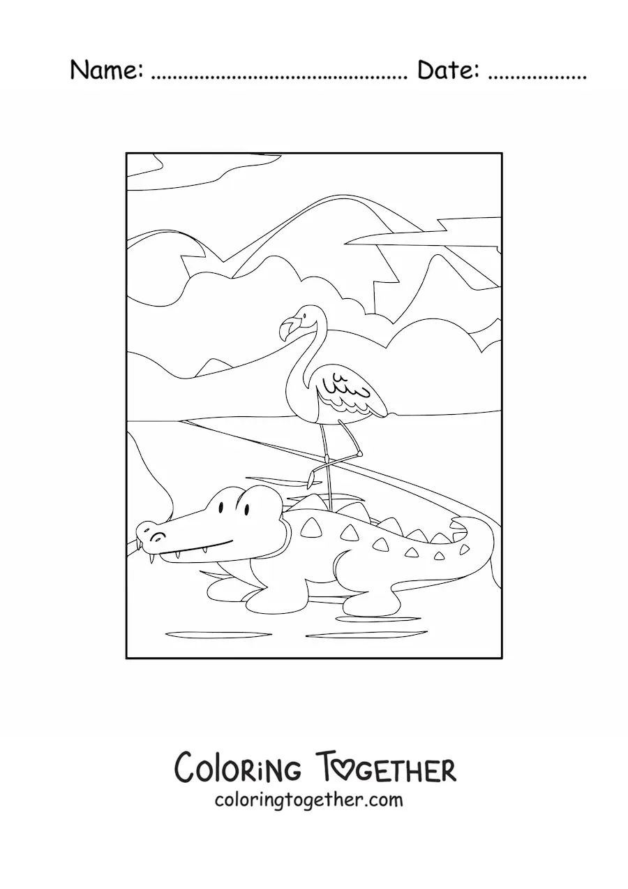 Coloring page of a wild flamingo and crocodile beside a lake
