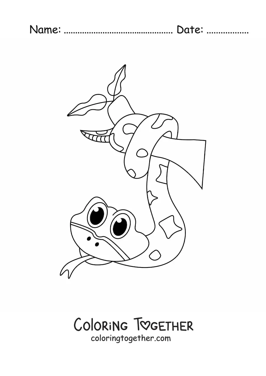 Coloring page of a kawaii snake hanging from a tree branch