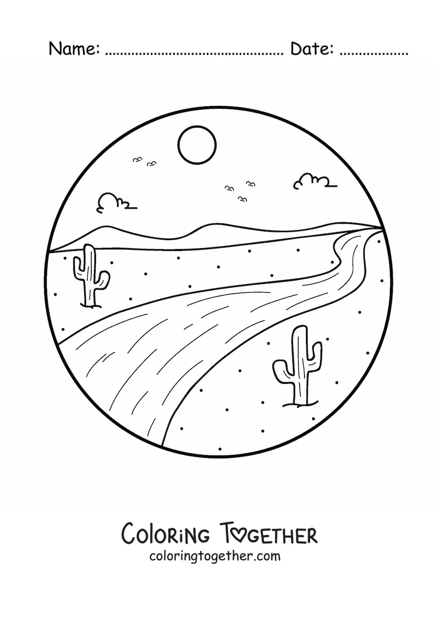 Coloring page of a road in the desert